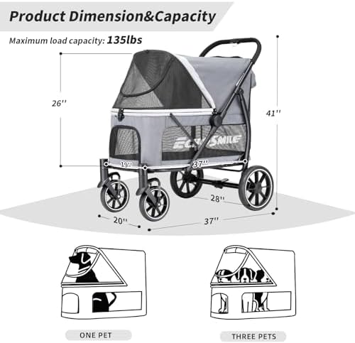EchoSmile Dog Stroller for Large Dogs, 135lbs Weight Extra Large Pet Stroller, 4 Wheels Cats & Dogs Carrier with Brakes, Breathable Mesh Windows & Pocket, Gray