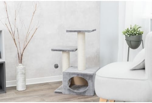Trixie Valencia Scratching Post – Cat Tower with Sisal Posts, Condo & Dangling Toy – Compact Cat Furniture for Indoor Cats – Gray, 17.3" x 13" x 28"