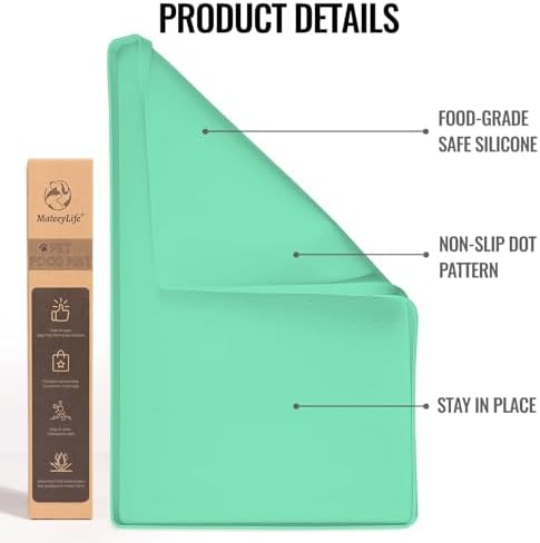 MateeyLife Dog & Cat Food Mat - Waterproof, Nonslip, Raised Edges, Silicone Tray for Messy Drinkers, 24"x16", Mint Green
