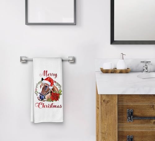 Merry Christmas Horse Kitchen Towels, Farm Animals Farmhouse Hand Towels for Kitchen Bathroom, Funny Animals Red Hat Horse Kitchen Bathroom Decor, for Horse Lovers