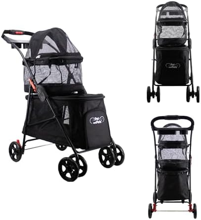Double Decker Pet Stroller - Black: Dual Bassinets for Multiple Pets, Removable Pee Pads, Adjustable Leashes, Mesh Windows, Swivel Wheel, One-Hand Fold, Lightweight, for Small/Medium Dogs/Cats/Pets