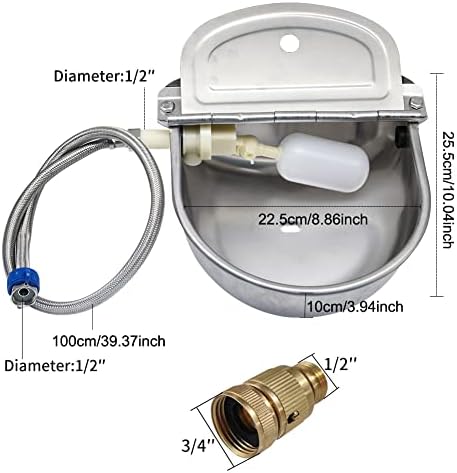 Automatic Livestock Waterer, 304 Stainless Steel with Float Valve, Animal Watering Bowl for Dogs, Horses, Goats, Cattle, Pigs & Chickens, Wall & Ground Mount, Includes 3/4" Adaptor & Water Pipe