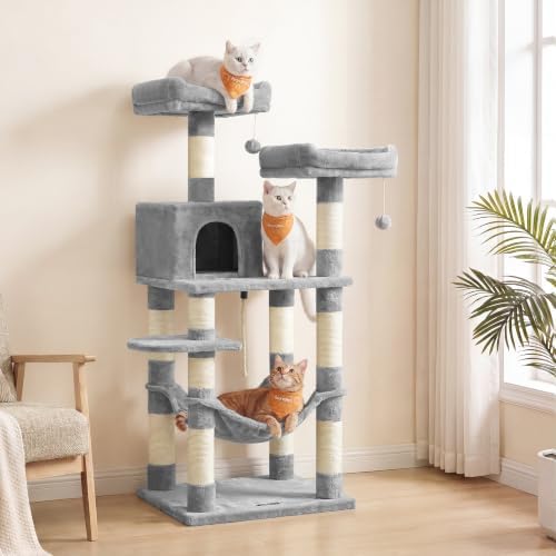 Feandrea Cat Tree, 55.8-Inch Large Cat Tower, Multi-Level Condo, Light Gray