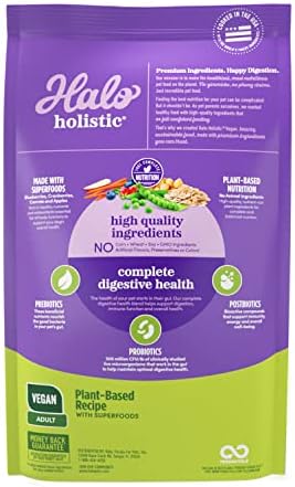 Halo Holistic Plant-Based Vegan Dog Food, Complete Digestive Health, Dry Adult Dog Food with Superfoods, Prebiotics & Probiotics, Non-GMO, Vegetarian Kibble with No Animal Ingredients, 3.5 lb Bag