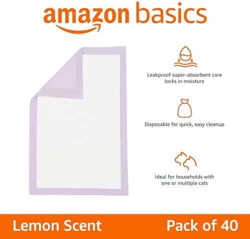 Amazon Basics Cat Litter Pee Pads, Super Absorbent, Odor Control with Lemon Scent, Disposable, Universal Fit for Multi Cat Litter Box, Purple and White, 40-Pack