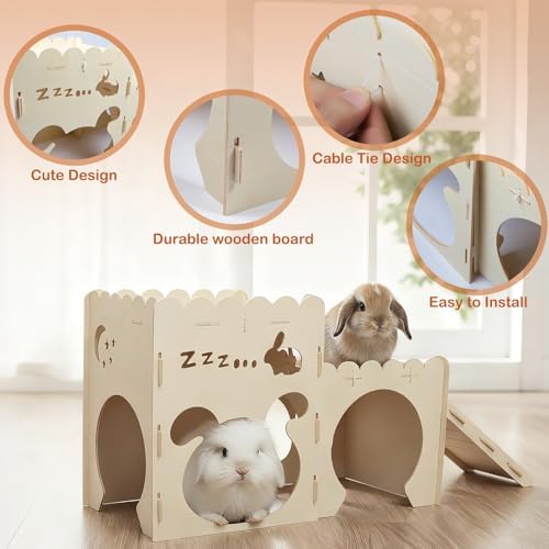 Large Rabbit Castle, Wooden Bunny House,Detachable Rabbit Hideaway, Indoor Hamster Castle with Ramp, Small Animal Houses & Habitats for Guinea Pig Chinchilla Ferret(2 House)
