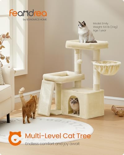 Feandrea Cat Tree, 33.8" Cat Tower Condo, Scratching Posts and Ramp, Beige