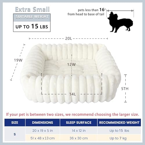 Square Cat Beds for Indoor Cats - Washable Small Dog Beds for Small Dogs, Rectangle Corduroy Fleece Pet Bed with Sides and Nonskid Bottom, Calming Fluffy Puppy Bed Soft Pet Sofa 20x19x5inchs, Cream