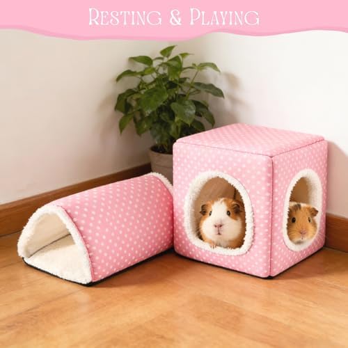 Guinea Pig Hideout, Dwarf Rabbit Bed with Play Tunnel, Washable Fleece House for Dwarf Bunnies, Chinchillas, Hedgehogs, Small Animal Cage Accessories Pink Dot