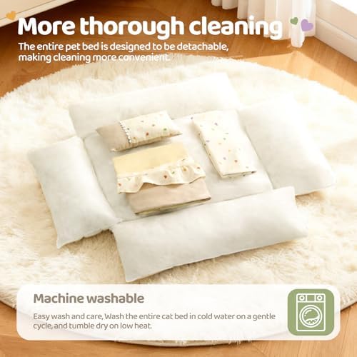 Jiupety Dog Beds for Medium Dogs Cozy & Soft Cat Bed Removable Washable Cat Bed with Slip-Resistant Bottom Pet Beds with Pillow, Beige 30"x24"