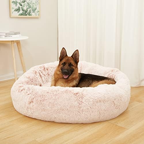 Bedfolks Calming Fluffy Donut Dog Bed for Extra Large Dogs,Pink, 45" Round