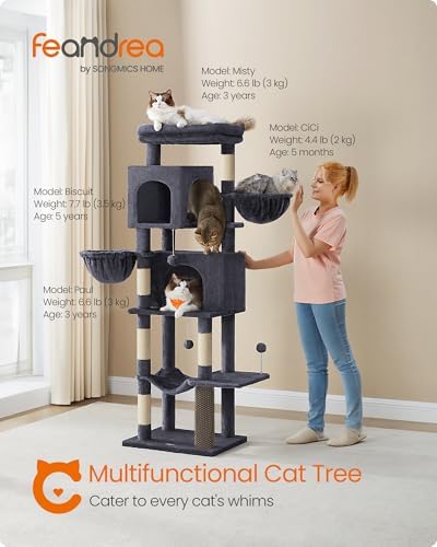Feandrea Cat Tree, 69-in Large Cat Tower, Multi-Level Condo, Dark Gray