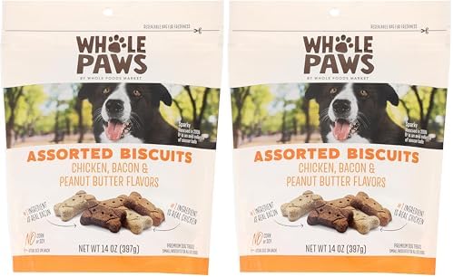 Whole Paws, Biscuit Dog Treats, Assorted Flavors (Chicken, Bacon, & Peanut Butter), 14 Ounce (Pack of 2)