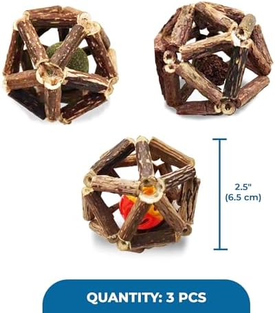 SunGrow Silverine Balls for Cats, Engaging and Interactive Pet Enrichment, Gall Fruit, Catnip, Bell Ball, Cool Pal Feline Toy, Christmas Stocking Stuffers, Brown, 2.5” (Diameter), 3 Pieces per Set