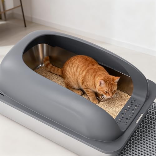 OLIXIS Stainless Steel Large Cat Litter Box with Lid, High Wall Sides