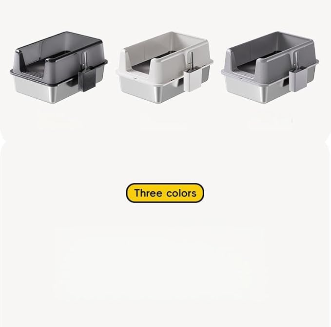 Non-Stick Stainless Steel Litter Box, Side Opening Splash-Proof & Leak-Proof Large Metal Cat Litter Box with Lid & Scoop, Easy-Clean & Durable, 6'' Deep Grey
