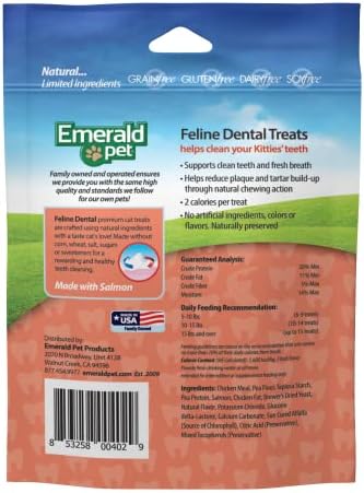 Feline Dental Treats — Tasty and Crunchy Cat Dental Treats Grain Free — Natural Dental Treats to Clean Cat Teeth, Freshen Cat Breath, and Reduce Plaque and Tartar Buildup — Salmon Treats, 3 oz