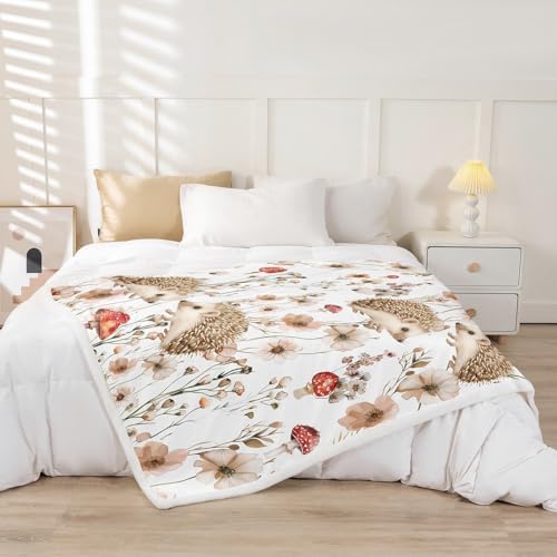 Erosebridal Kids Hedgehog Blanket Throw 90"x90",Cute Floral Mushroom Blankets and Throws for Girls Women,Wildlife Animal Fleece Blanket Country Cottage Flower Sherpa Blanket for Bed Couch Decor