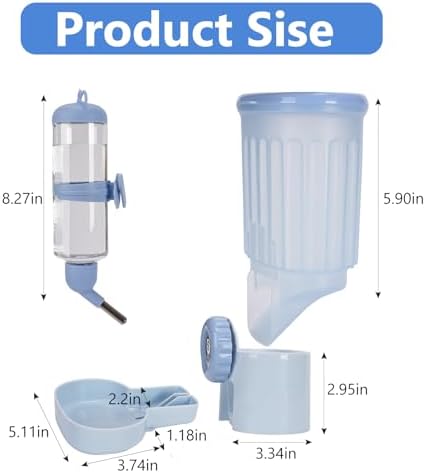 Sangle Sopffy Rabbit Feeder and Water Dispenser Set, Gravity Food Bowl with Water Bottle for Cage, Small Animal Feeding Station for Bunny, Guinea Pig, Chinchilla, Ferret, Hedgehog, Blue 2-Piece Set