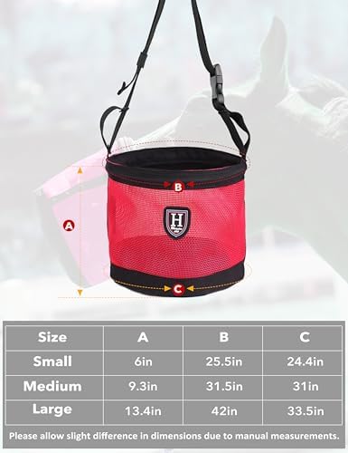 Harrison Howard Horse Muzzle Feed Bag Nylon Mesh Grain Feed Bag with Padded Neck Strap Adjustable Belt Pink Large