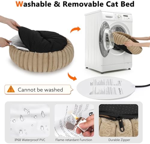 INVENHO Heated Cat Beds for Indoor Cats and Small Dogs, 24" Cozy Donut Heated Pet Bed with Timer & Temp Adjustable, Removable Waterproof Electric Warming Bed for Indoor Cat