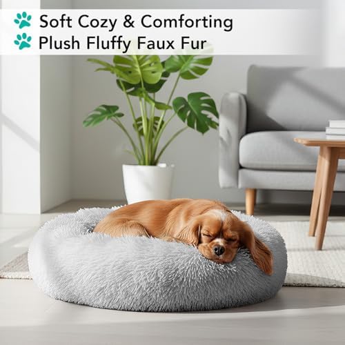 PetAmi Calming Donut Dog Bed, Washable Faux Fur, 23 Inch Small, Light Grey