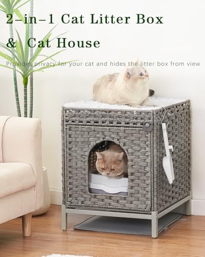SETVSON Cat Litter Box Enclosure, Hidden Rattan PE Furniture, Gray