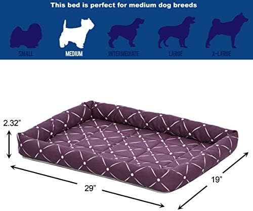 MidWest Homes for Pets 40230-PLD Quiet Time Couture Ashton Bolster Pet Bed, Intermediate Dog/30, Plum, Plum & White Diamond Pattern, 30-Inch