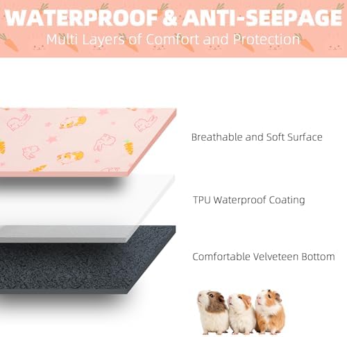 Homimp 4 Pack Guinea Pig Cage Liners, Washable Small Animal Bedding, Waterproof Reusable & Anti Slip Guinea Pig Pee Pad Fast and Super Absorbent Mat for Small Animal Rabbit Bunny Hamster, Pink 12"x12"
