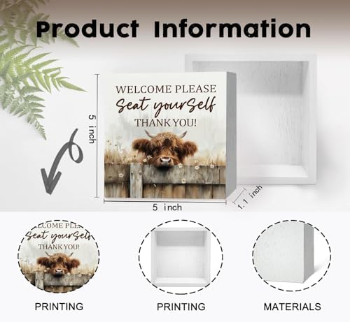 Highland Cow Bathroom Decor Sign - Farmhouse Western Animal Bathroom Decor,Rustic Farm Animal Welcome Please Seat Yourself Thank You Signs,Highland Cow Gifts for Women Signs & Plaques