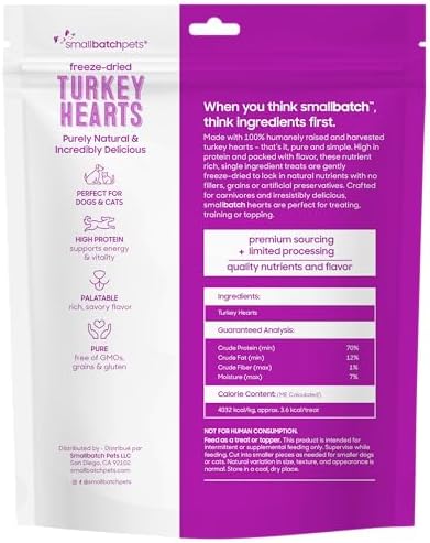 smallbatch Freeze Dried Premium Turkey Heart Treats for Dogs & Cats, 3.5oz