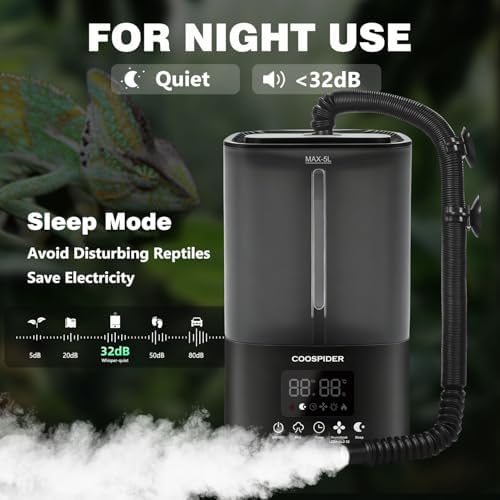 Coospider Reptile Fogger Humidifier, Automatic Humidifiers for Reptiles Tank, Terrarium Humidifiers with Dual Hose Timer Humidity Control, Reptile Mister for Amphibians Herps Vivarium (5L/1.32Gallon)