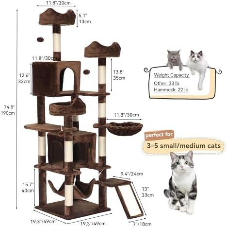 DWVO 75 in Multi-Level Cat Tower: Tall Cats Tree for Indoor Kittens, Pet Furniture with Kitty Condos, Top Perches, Sisal Ramp Scratching Posts, Cozy Basket, Hammocks, Brown