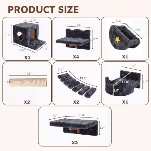 13-in-1 Cat Wall Shelves, Moon & Bridge Cat Wall Furniture, Grey