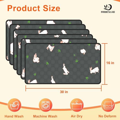 6-Pack Guinea Pig Cage Liner, 16in x 30in Fast Absorption Washable Bedding Pee Pads for Dogs Puppy Rabbit Small Animal Cage Mat, Leakproof & Non-Slip