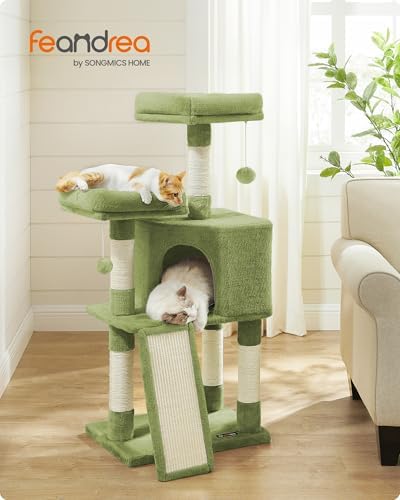 Feandrea Cat Tree, 45.3-Inch Cute Cat Tower, Plush Climbing Condo, Green