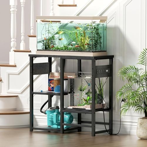 GRLEAF 5-10 Gallon Fish Tank Stand with Power Outlets, 4 Tier Metal Aquarium Stand with Wood Storage Shelves, 20.3" L x 10.6" W x 30.3" H Turtle Reptile Fish Tank Table Aquarium Table - Black