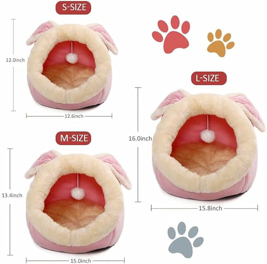 Cat Beds for Indoor Cats - Small Dog Bed with Anti-Slip Bottom, Rabbit-Shaped Cat/Small Dog Cave with Hanging Toy, Puppy Bed with Removable Cotton Pad, Super Soft Calming Pet Sofa Bed (Pink S)