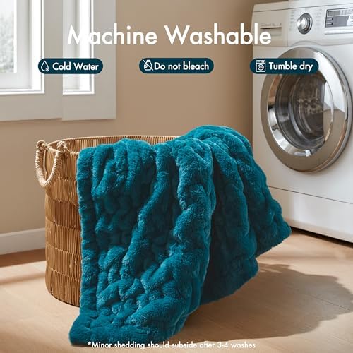 Madison Park Ruched Faux Fur Luxury Throw Teal 50*60 Premium Soft Cozy Brushed Long Faux Fur For Bed, Coach or Sofa