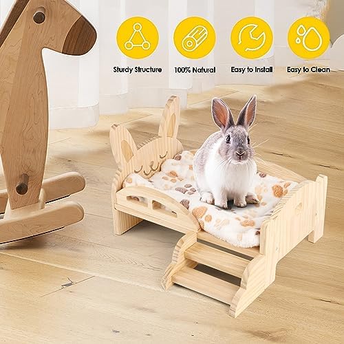 Wooden Guinea Pig Bed with Mat 13.5IN X 9.3IN Detachable Hideout with Stairs Small Animal Cute Warm Habitats for Hamsters Ferret Bunny Sleeping Hiding
