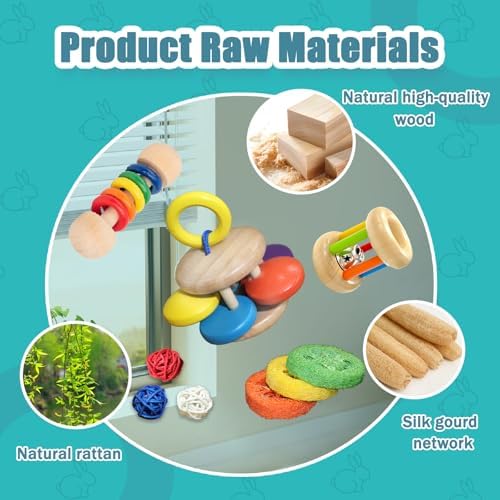 QWR 9PCS Wooden Bunny Toys,Safe Rabbit & Guinea Pigs Teeth Grinding Toy for Chinchillas, Hamsters & Small Animals - Indoor & Outdoor