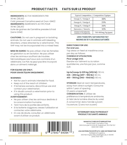 100% Pure Camelina Oil for Horses – Omega 3 & Vitamin E Rich Supplement for Coat, Hooves, Arthritis, Joints, Weight Gain & Ulcers – False Flaxseed Oil Made in Canada by Smart Earth, 1gal.