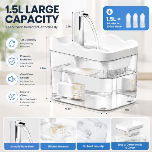 Reptile Water Dispenser,1500ML Large Capacity Circulation Water Dish Bowl for Reptile Terrarium,Bearded Dragon Tank Accessories,Pet Water Fountain Supplies for Leopard Crested Gecko,Snake,Lizard