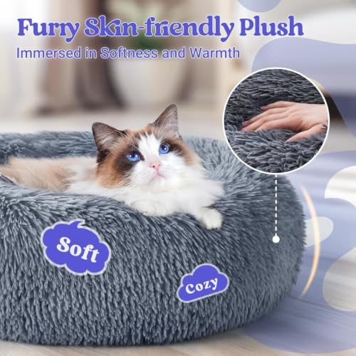 rabbitgoo Calming Cat Beds for Indoor Cats, 20 inches, Dark Grey