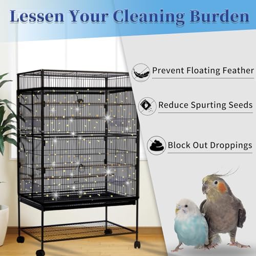 Daoeny Bird Cage Seed Catcher, Large Bird Cage Cover, Adjustable Soft Airy Nylon Mesh Net, Birdcage Cover Skirt Seed Guard for Parrot Parakeet Macaw African Round Square Cages (Black, Sequins Star)
