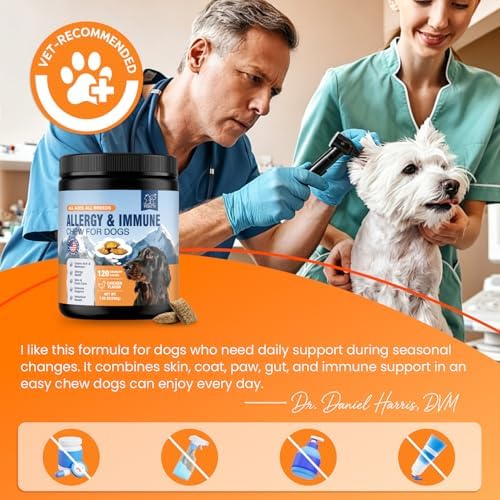 Dog Allergy Chews-120 Crunchy & Creamy Chews, anti-Allergy & Itching Skin Relief Bites Immune Support, with Omega 3 Fish Oil Probiotics for Seasonal All Issues Allergies Made in USA Chicken Flavor