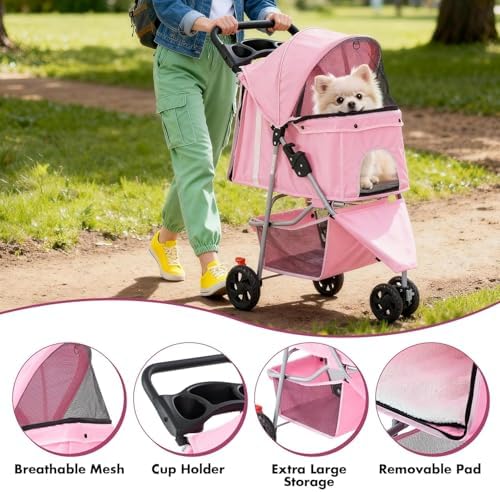 3 Wheels Pet Stroller,Storage Basket and Cup Holder, Breathable Mesh, Waterproof and Foldable for Small/Medium Dogs and Cats Strollers, Lightweight Travel Carrier for Daily Walks & Outdoor,Pink