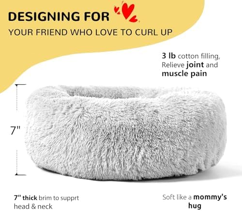 HACHIKITTY Calming Donut Cuddler Dog Bed, Round Fluffy Pet Bed for Large Dogs,Washable, Large, Gray, 30''
