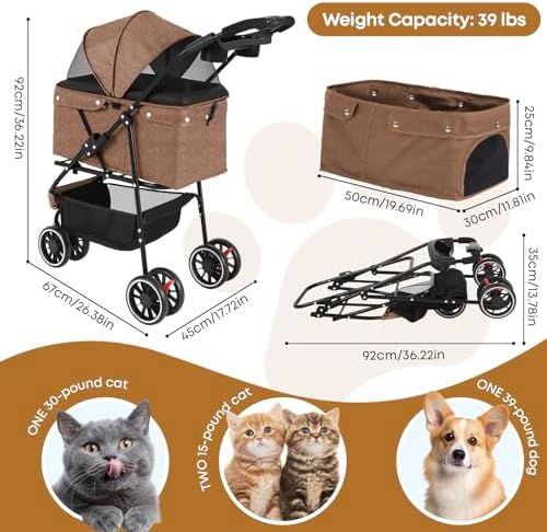 Pet Stroller,Dog Stroller for Small Medium Dogs Cats,3 Wheels,Deep Brown