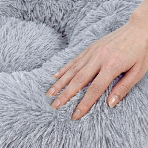 Calming Donut Dog Bed – Faux Fur Anti-Anxiety Pet Bed with Removable Washable Cover & Water-Resistant Liner – Plush Fluffy Round Nest, Non-Slip Bottom for Dogs & Cats – Large, Grey